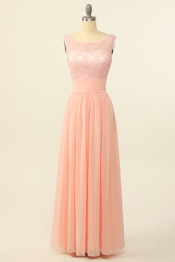 Blush Long Chiffon Lace Bridesmaid Dress